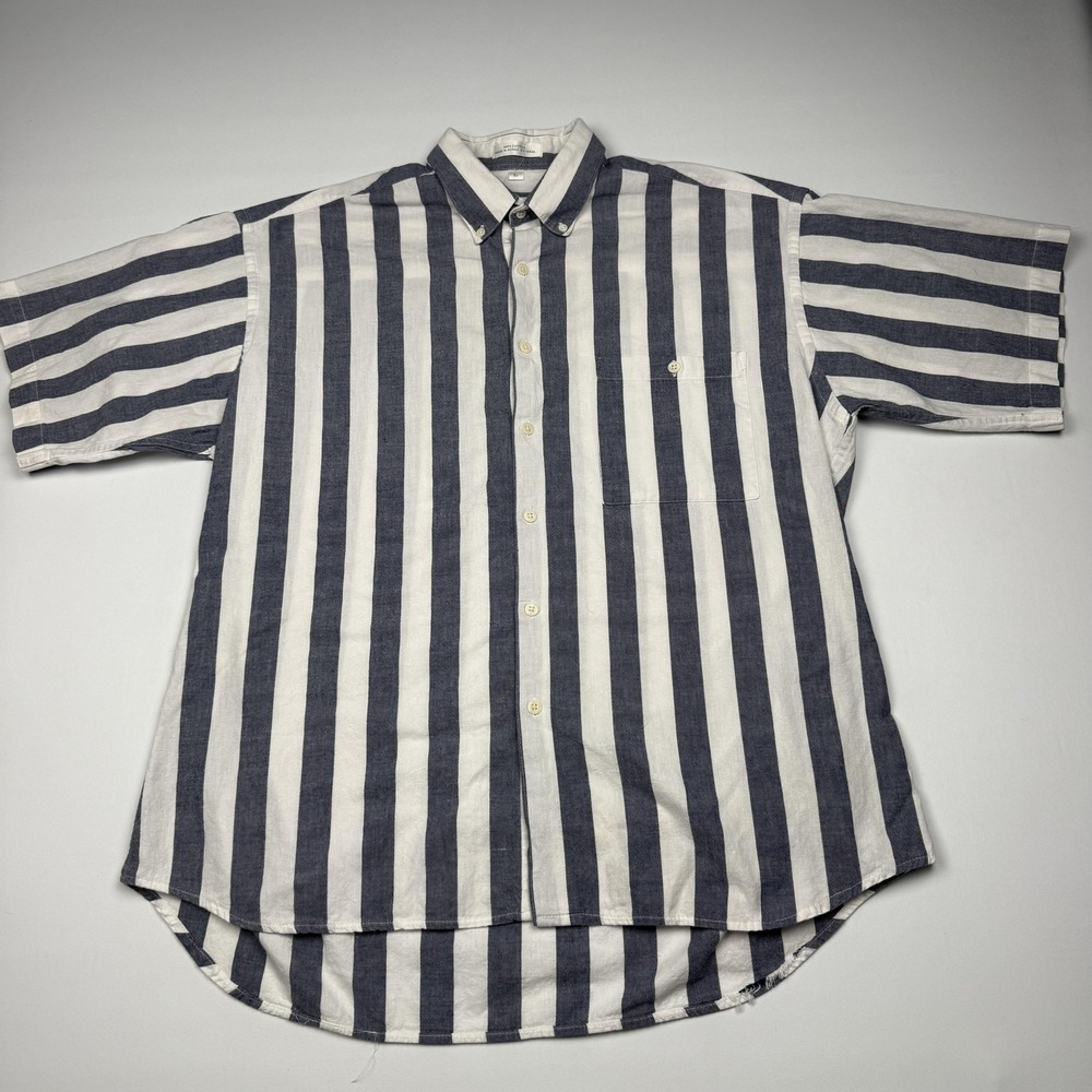 Vintage Christian Dior Shirt Mens Large Blue Stripe Short Sleeve Button Up